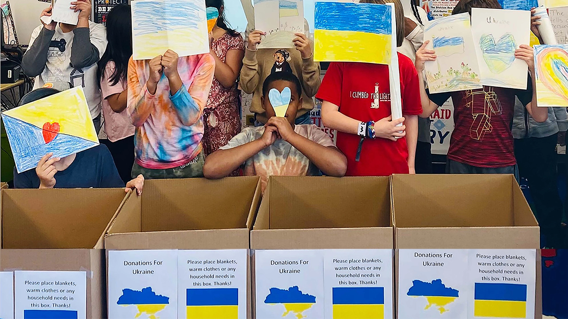 Long Island elementary school children help iLoveUkraine collect supplies donations for shipment to Ukraine.